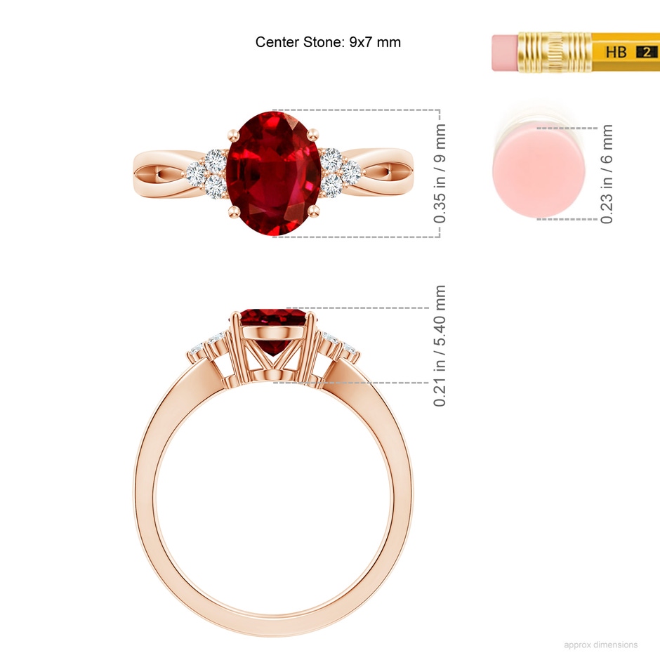 9x7mm AAAA Solitaire Oval Ruby Split Shank Ring with Trio Diamonds in Rose Gold ruler