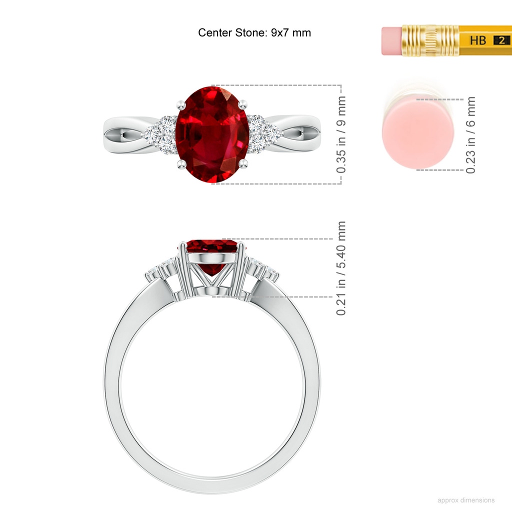 9x7mm AAAA Solitaire Oval Ruby Split Shank Ring with Trio Diamonds in S999 Silver ruler