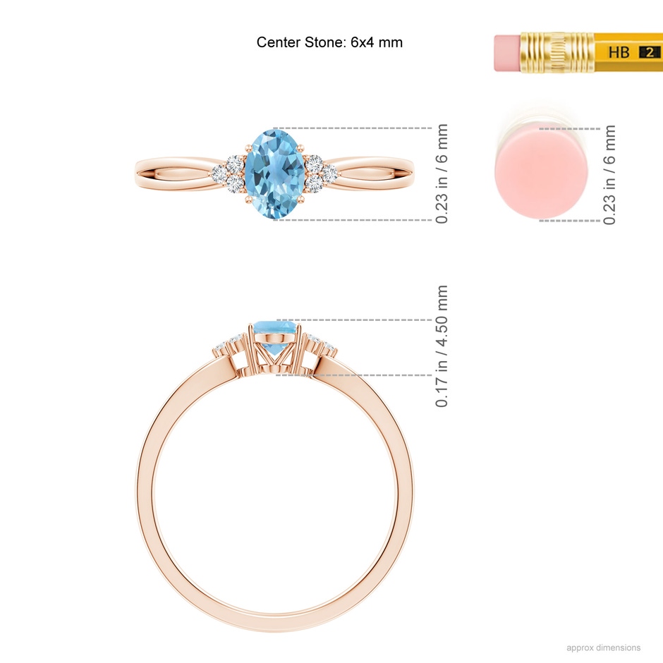 6x4mm A Oval Swiss Blue Topaz Split Shank Ring with Trio Diamonds in Rose Gold ruler