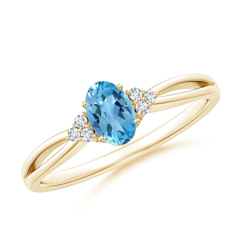 6x4mm AA Oval Swiss Blue Topaz Split Shank Ring with Trio Diamonds in Yellow Gold 