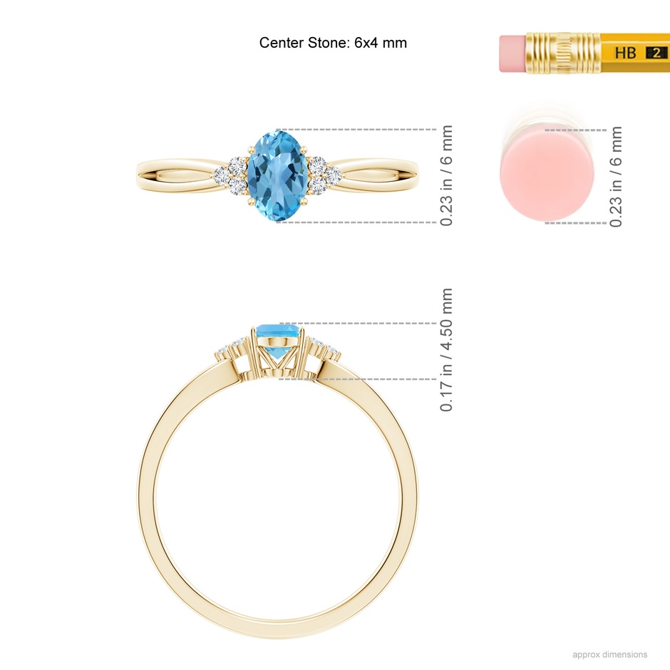 6x4mm AA Oval Swiss Blue Topaz Split Shank Ring with Trio Diamonds in Yellow Gold ruler