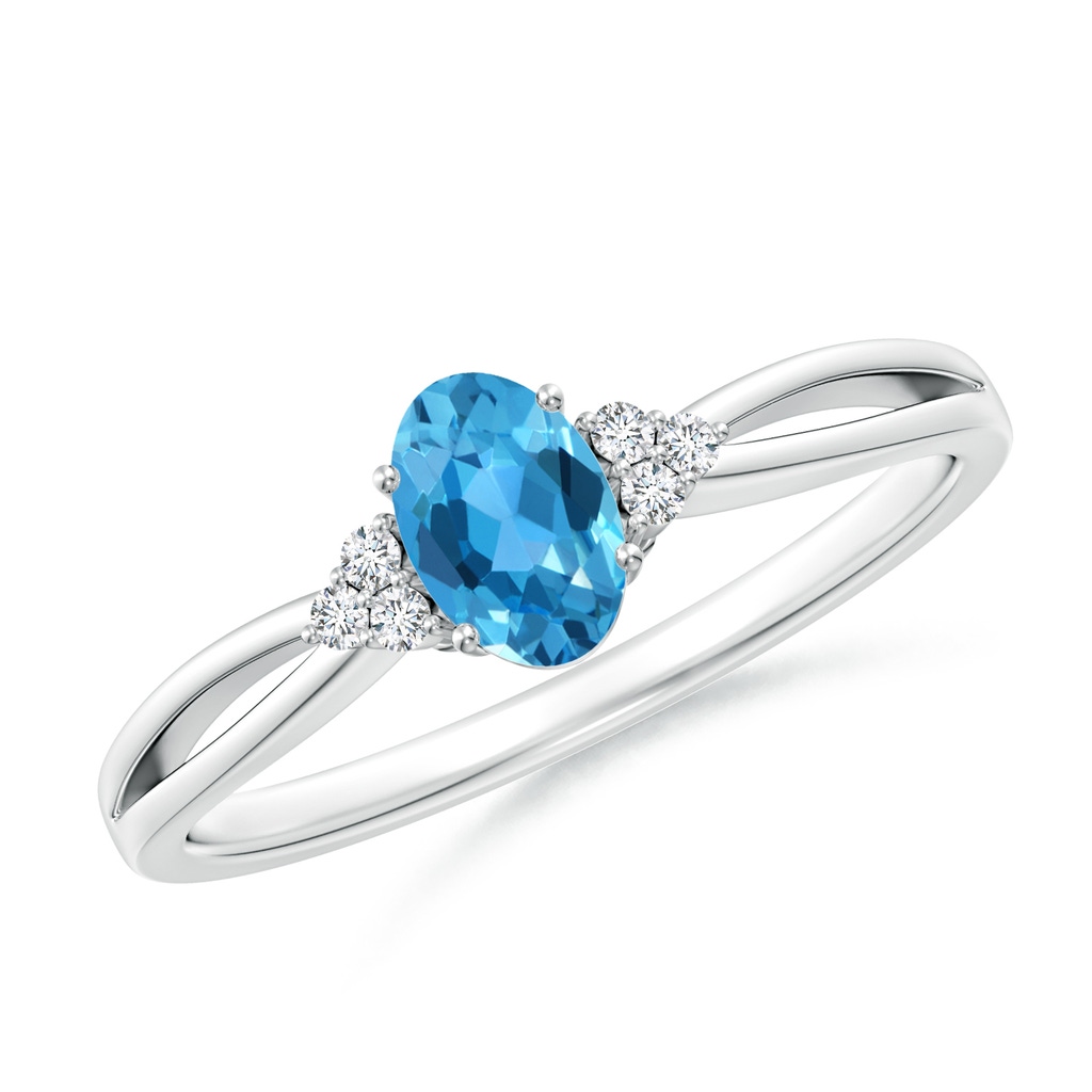 6x4mm AAA Oval Swiss Blue Topaz Split Shank Ring with Trio Diamonds in P950 Platinum
