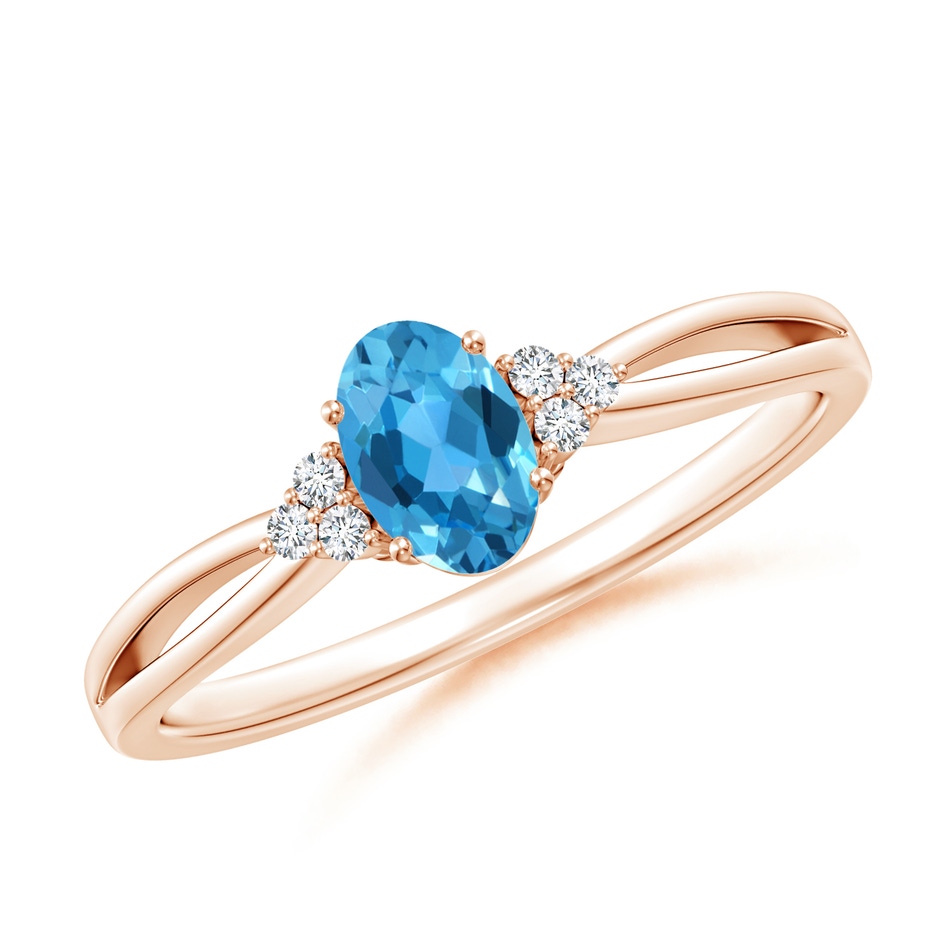 6x4mm AAA Oval Swiss Blue Topaz Split Shank Ring with Trio Diamonds in Rose Gold 