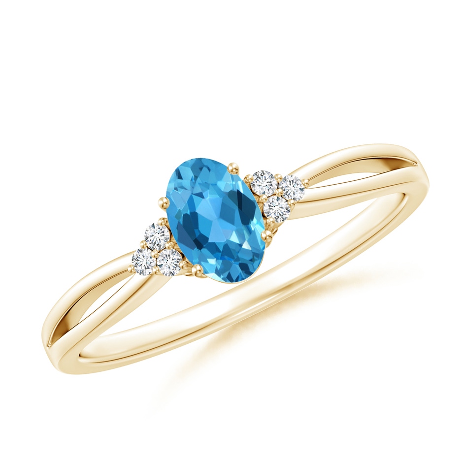 6x4mm AAA Oval Swiss Blue Topaz Split Shank Ring with Trio Diamonds in Yellow Gold 