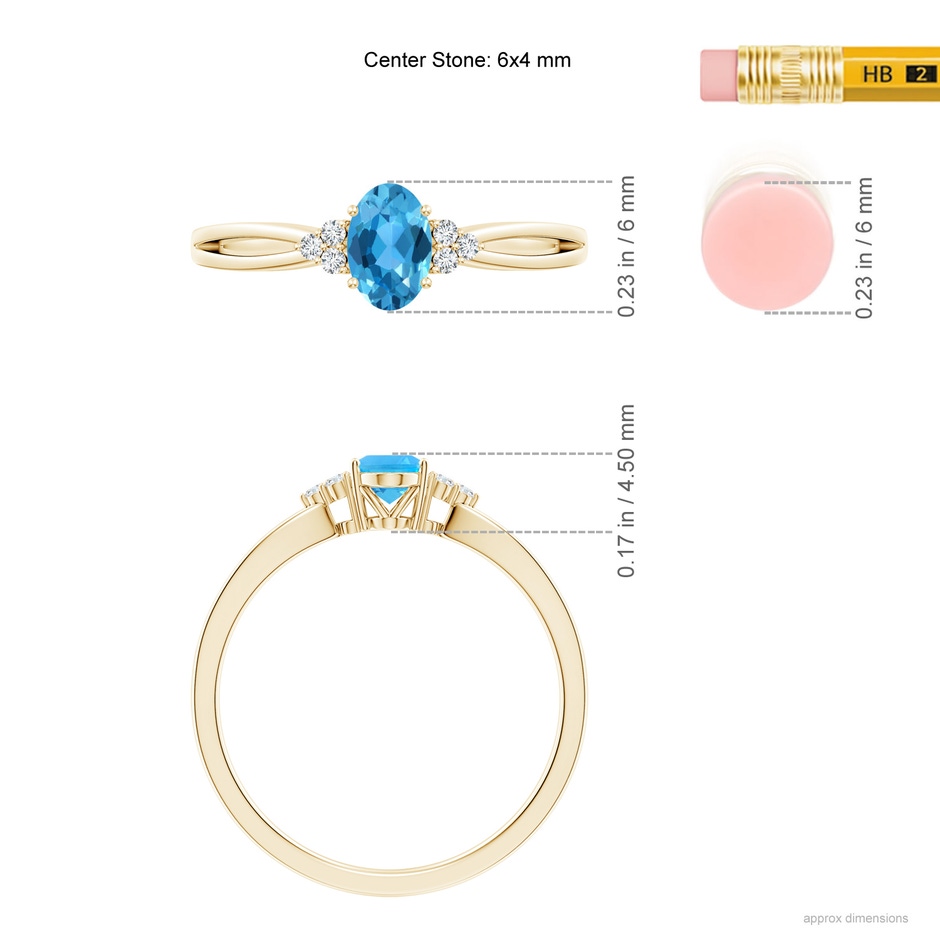 6x4mm AAA Oval Swiss Blue Topaz Split Shank Ring with Trio Diamonds in Yellow Gold ruler