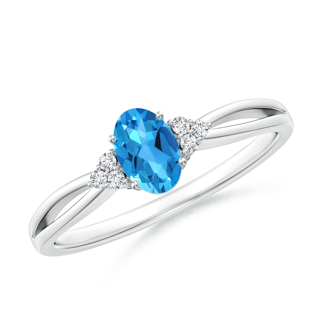 6x4mm AAAA Oval Swiss Blue Topaz Split Shank Ring with Trio Diamonds in P950 Platinum