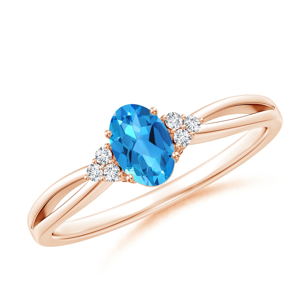 6x4mm AAAA Oval Swiss Blue Topaz Split Shank Ring with Trio Diamonds in Rose Gold