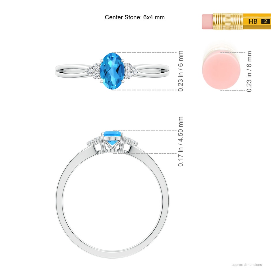 6x4mm AAAA Oval Swiss Blue Topaz Split Shank Ring with Trio Diamonds in White Gold ruler