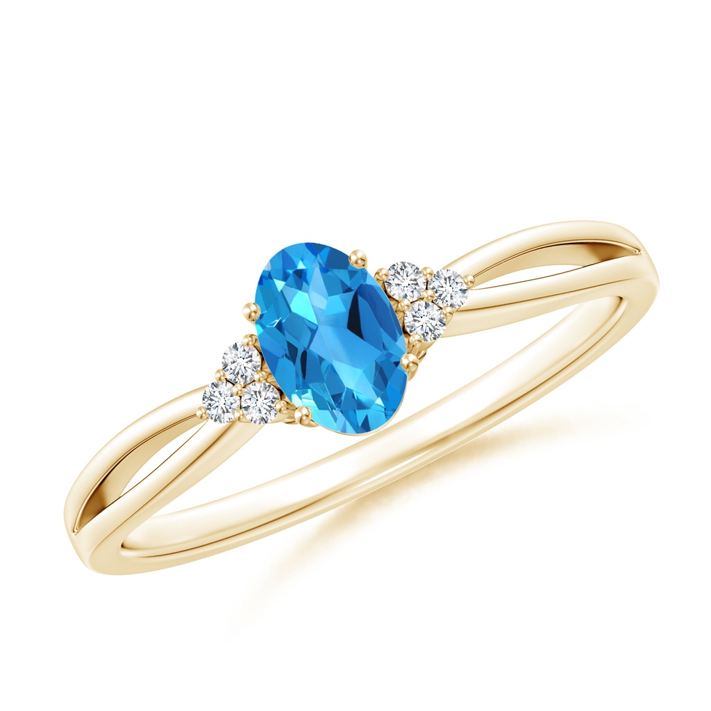 6x4mm AAAA Oval Swiss Blue Topaz Split Shank Ring with Trio Diamonds in Yellow Gold
