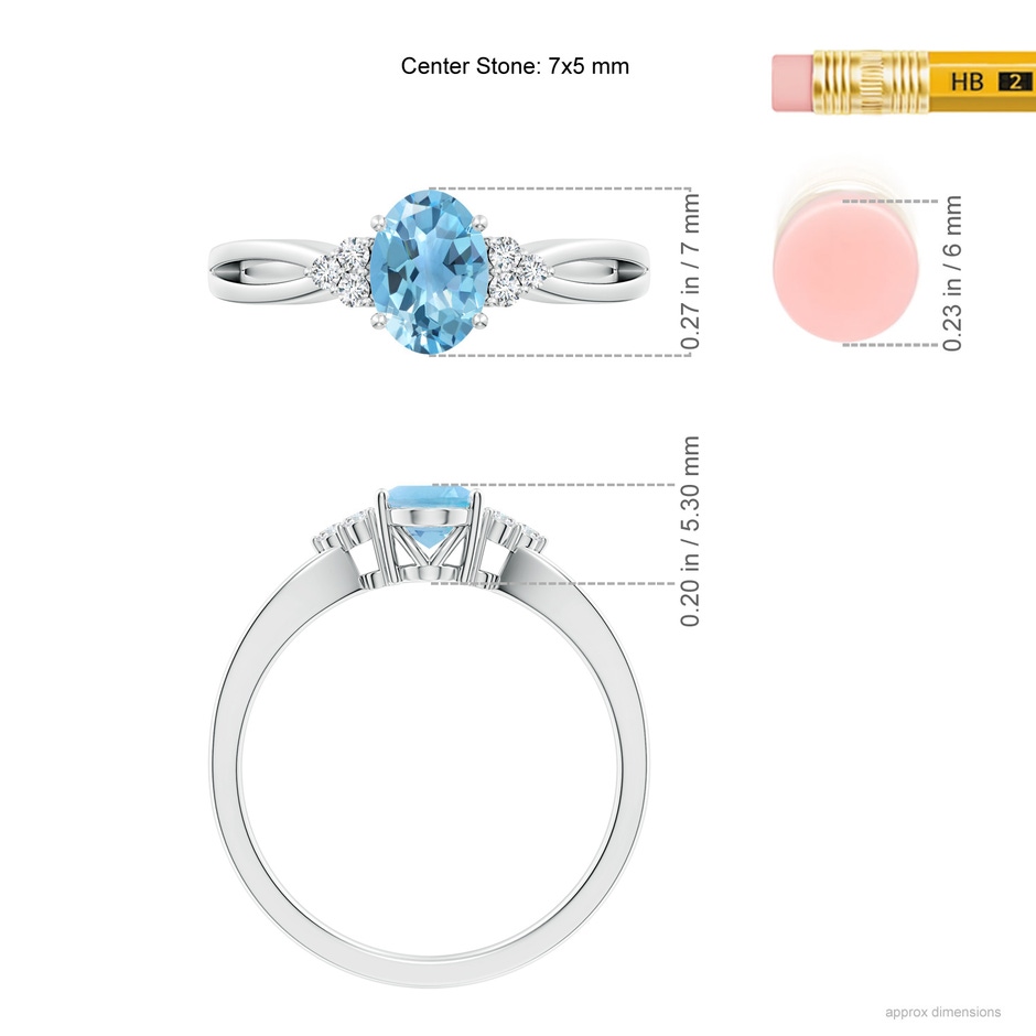 7x5mm A Oval Swiss Blue Topaz Split Shank Ring with Trio Diamonds in P950 Platinum ruler