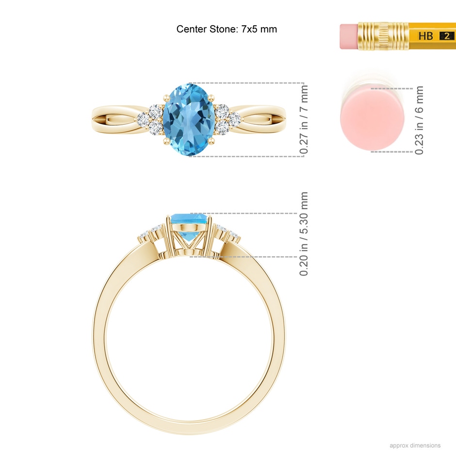 7x5mm AA Oval Swiss Blue Topaz Split Shank Ring with Trio Diamonds in Yellow Gold ruler