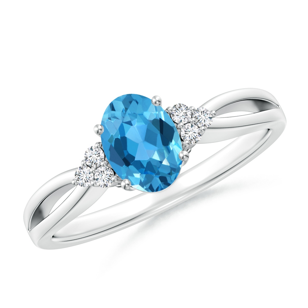 7x5mm AAA Oval Swiss Blue Topaz Split Shank Ring with Trio Diamonds in White Gold