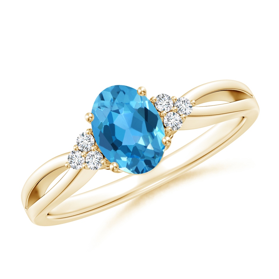 7x5mm AAA Oval Swiss Blue Topaz Split Shank Ring with Trio Diamonds in Yellow Gold 