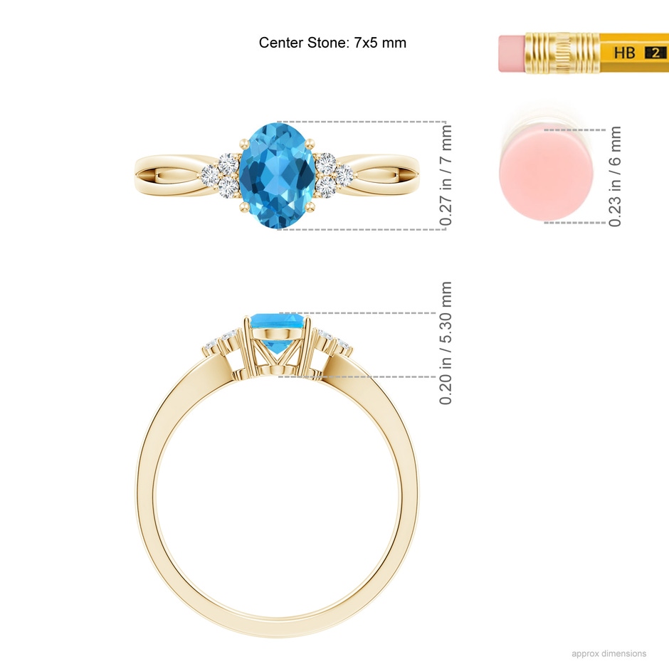 7x5mm AAA Oval Swiss Blue Topaz Split Shank Ring with Trio Diamonds in Yellow Gold ruler