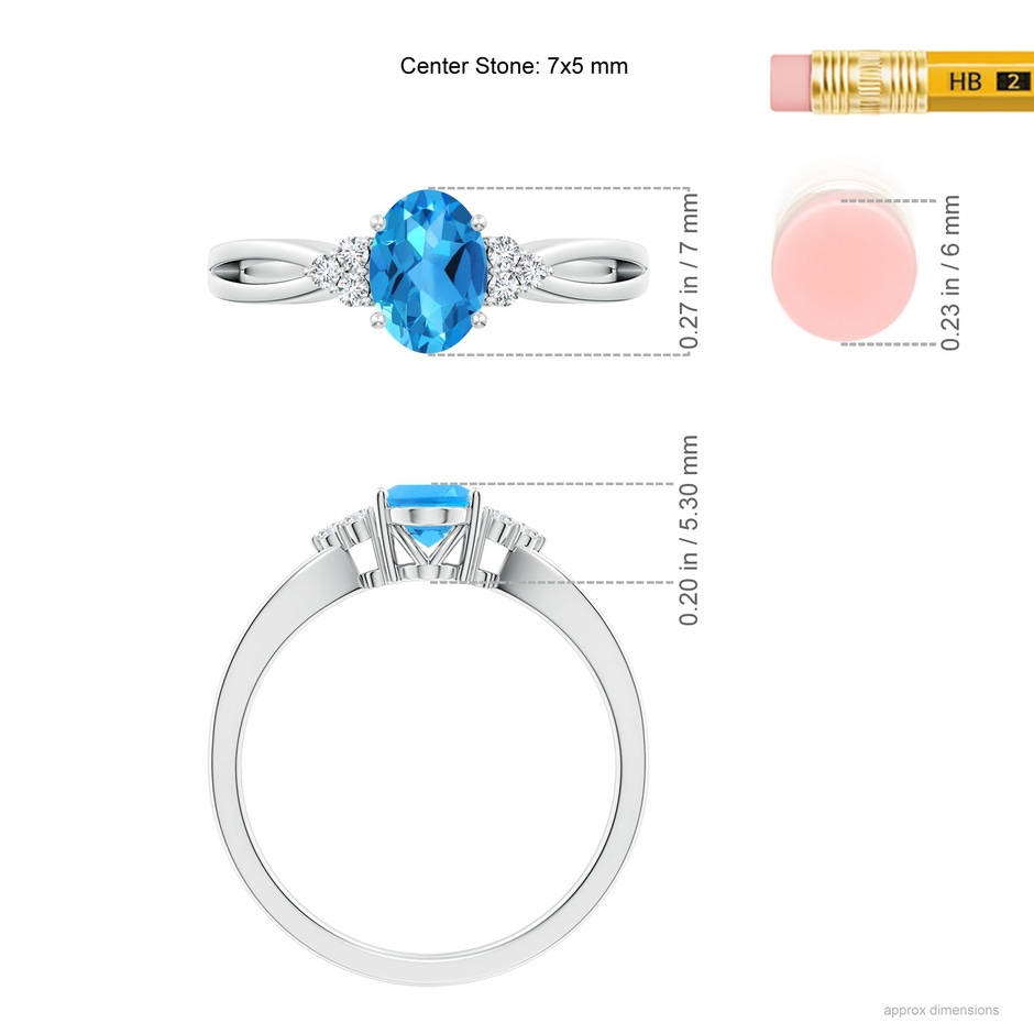 7x5mm AAAA Oval Swiss Blue Topaz Split Shank Ring with Trio Diamonds in P950 Platinum ruler