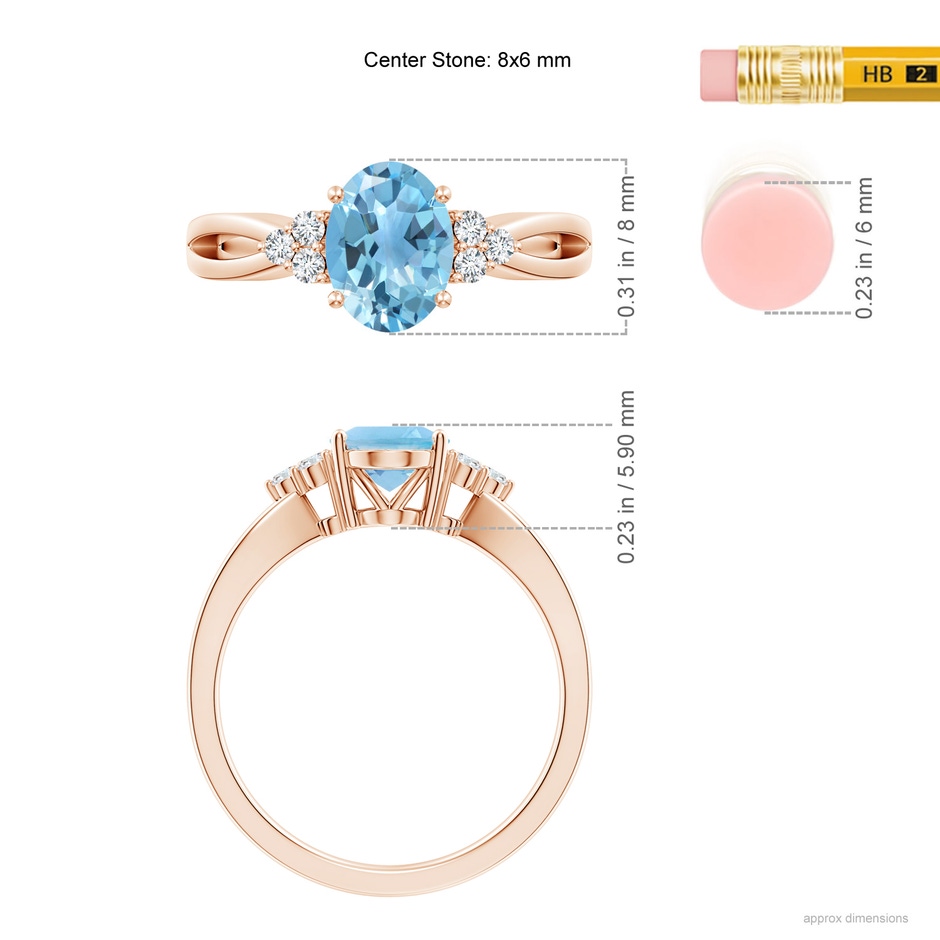 8x6mm A Oval Swiss Blue Topaz Split Shank Ring with Trio Diamonds in Rose Gold ruler