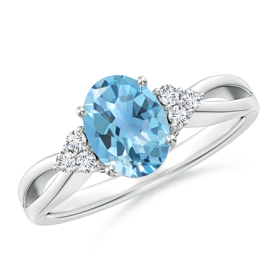 8x6mm A Oval Swiss Blue Topaz Split Shank Ring with Trio Diamonds in White Gold 