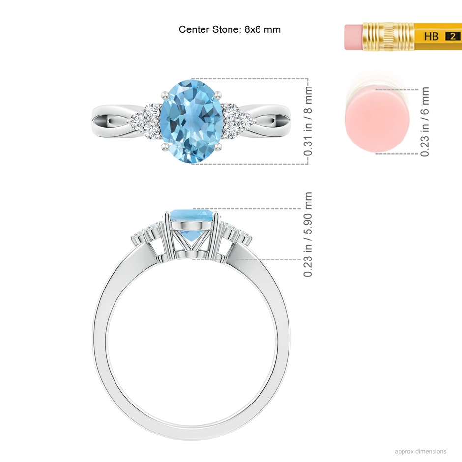 8x6mm A Oval Swiss Blue Topaz Split Shank Ring with Trio Diamonds in White Gold ruler
