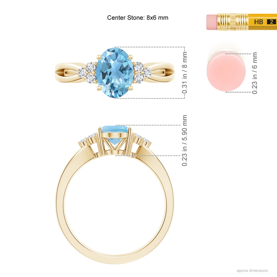 8x6mm A Oval Swiss Blue Topaz Split Shank Ring with Trio Diamonds in Yellow Gold ruler