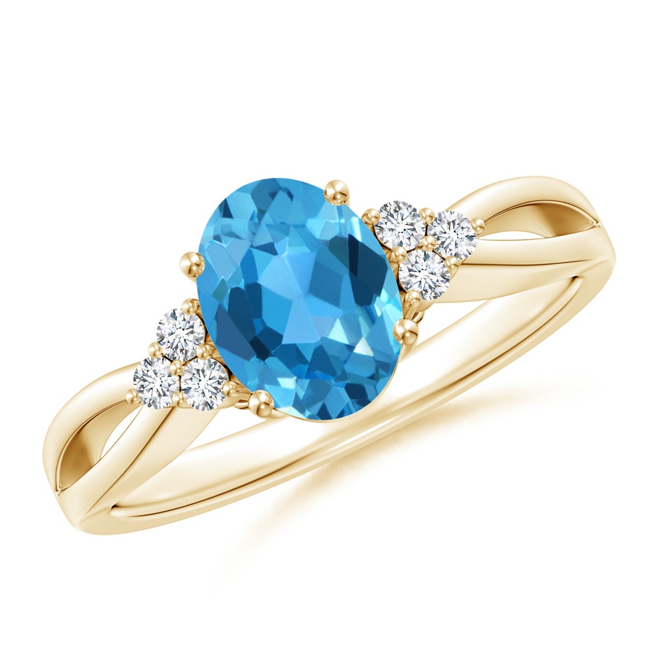 8x6mm AAA Oval Swiss Blue Topaz Split Shank Ring with Trio Diamonds in Yellow Gold 