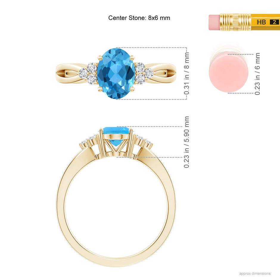 8x6mm AAA Oval Swiss Blue Topaz Split Shank Ring with Trio Diamonds in Yellow Gold ruler