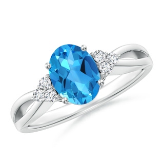 8x6mm AAAA Oval Swiss Blue Topaz Split Shank Ring with Trio Diamonds in White Gold