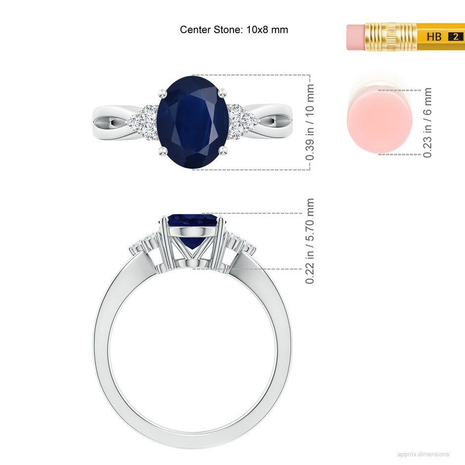 10x8mm A Solitaire Oval Blue Sapphire Split Shank Ring with Trio Diamonds in P950 Platinum ruler