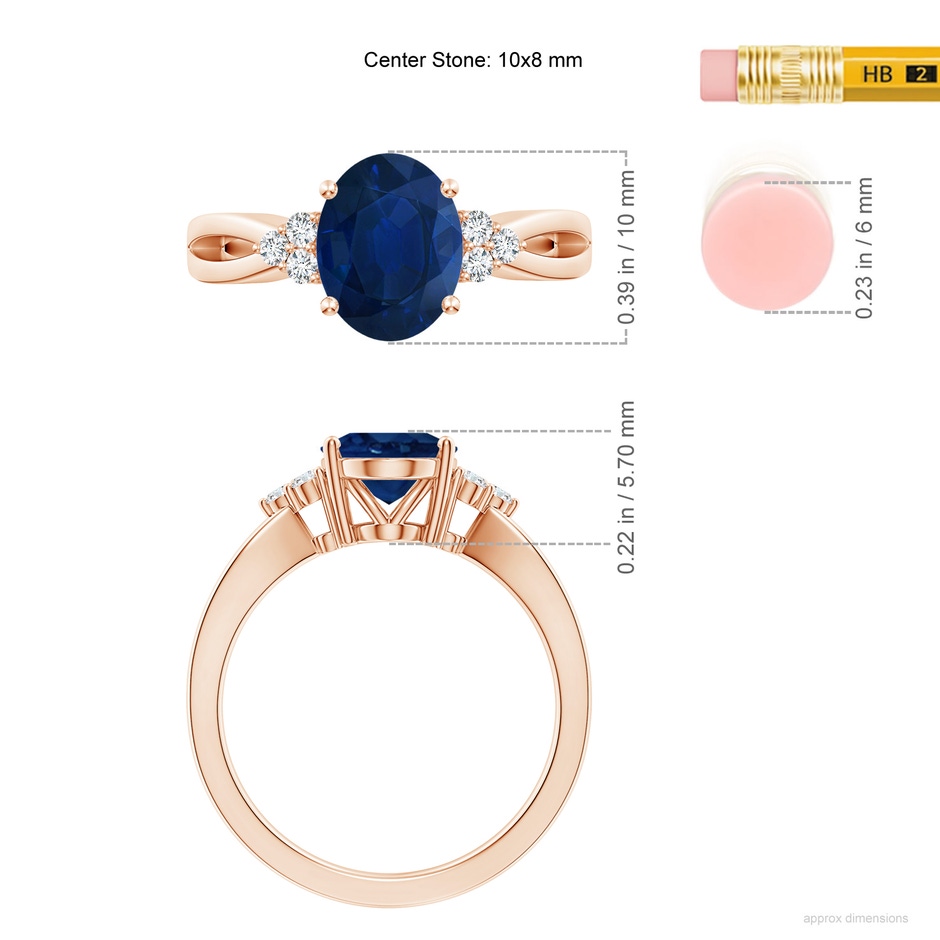 10x8mm AA Solitaire Oval Blue Sapphire Split Shank Ring with Trio Diamonds in 18K Rose Gold ruler