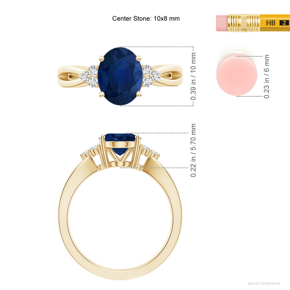 10x8mm AA Solitaire Oval Blue Sapphire Split Shank Ring with Trio Diamonds in 18K Yellow Gold ruler