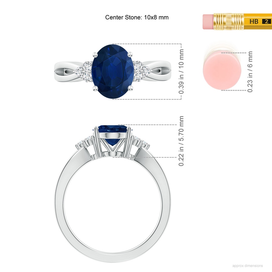 10x8mm AA Solitaire Oval Blue Sapphire Split Shank Ring with Trio Diamonds in P950 Platinum ruler