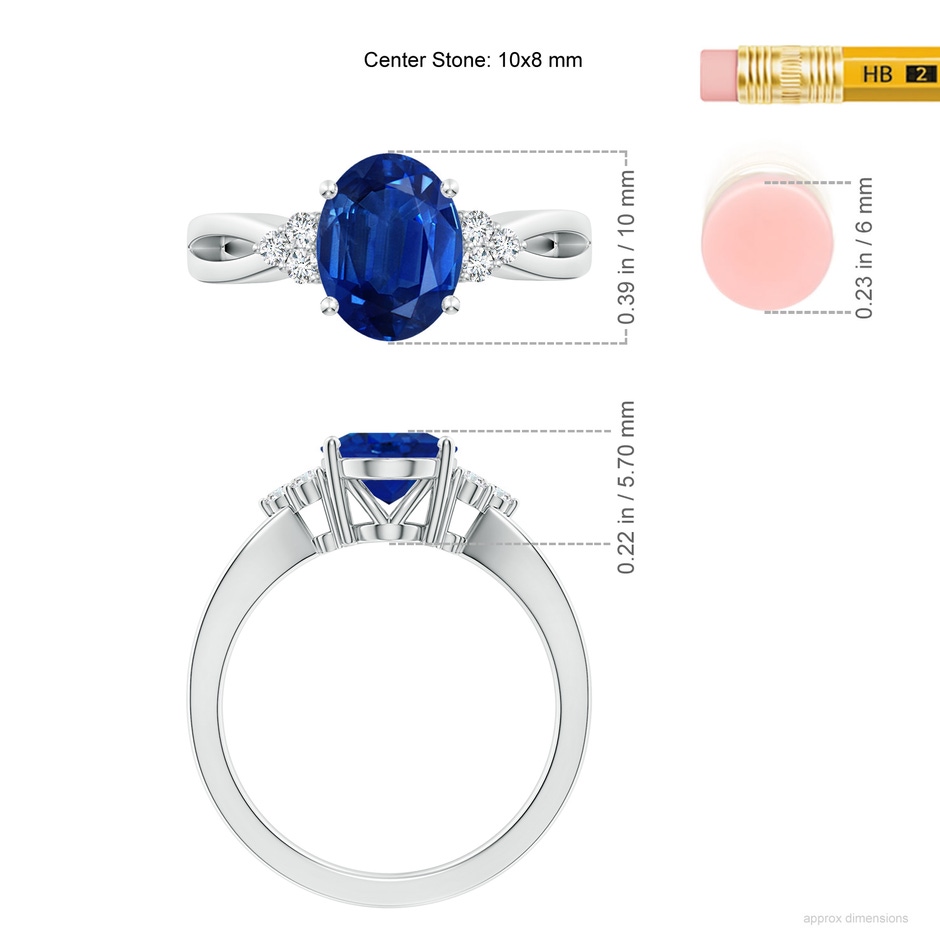 10x8mm AAA Solitaire Oval Blue Sapphire Split Shank Ring with Trio Diamonds in P950 Platinum ruler