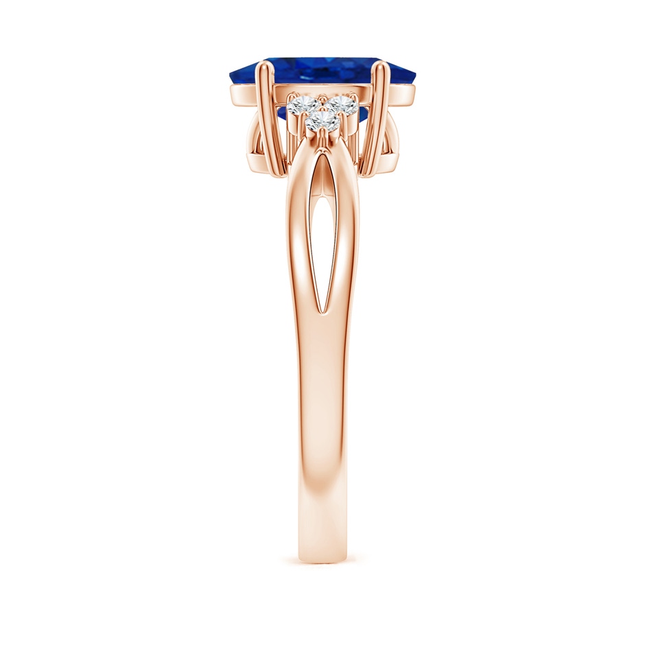 10x8mm AAA Solitaire Oval Blue Sapphire Split Shank Ring with Trio Diamonds in Rose Gold side 299