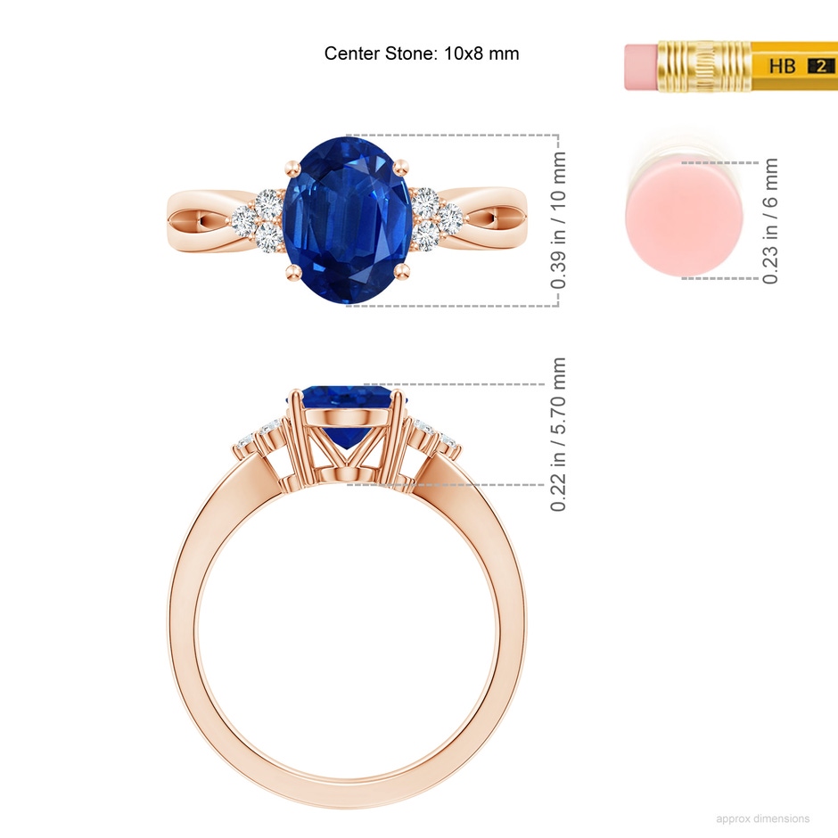 10x8mm AAA Solitaire Oval Blue Sapphire Split Shank Ring with Trio Diamonds in Rose Gold ruler