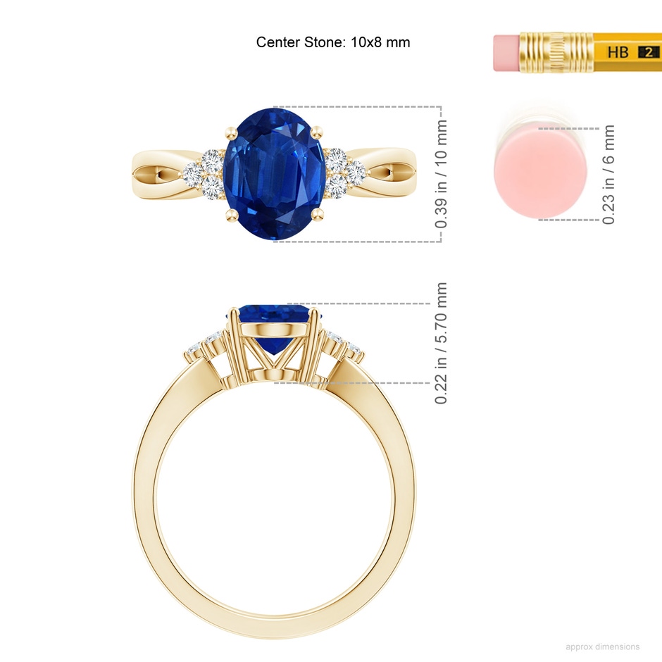 10x8mm AAA Solitaire Oval Blue Sapphire Split Shank Ring with Trio Diamonds in Yellow Gold ruler
