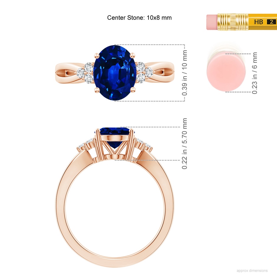 10x8mm AAAA Solitaire Oval Blue Sapphire Split Shank Ring with Trio Diamonds in 18K Rose Gold ruler