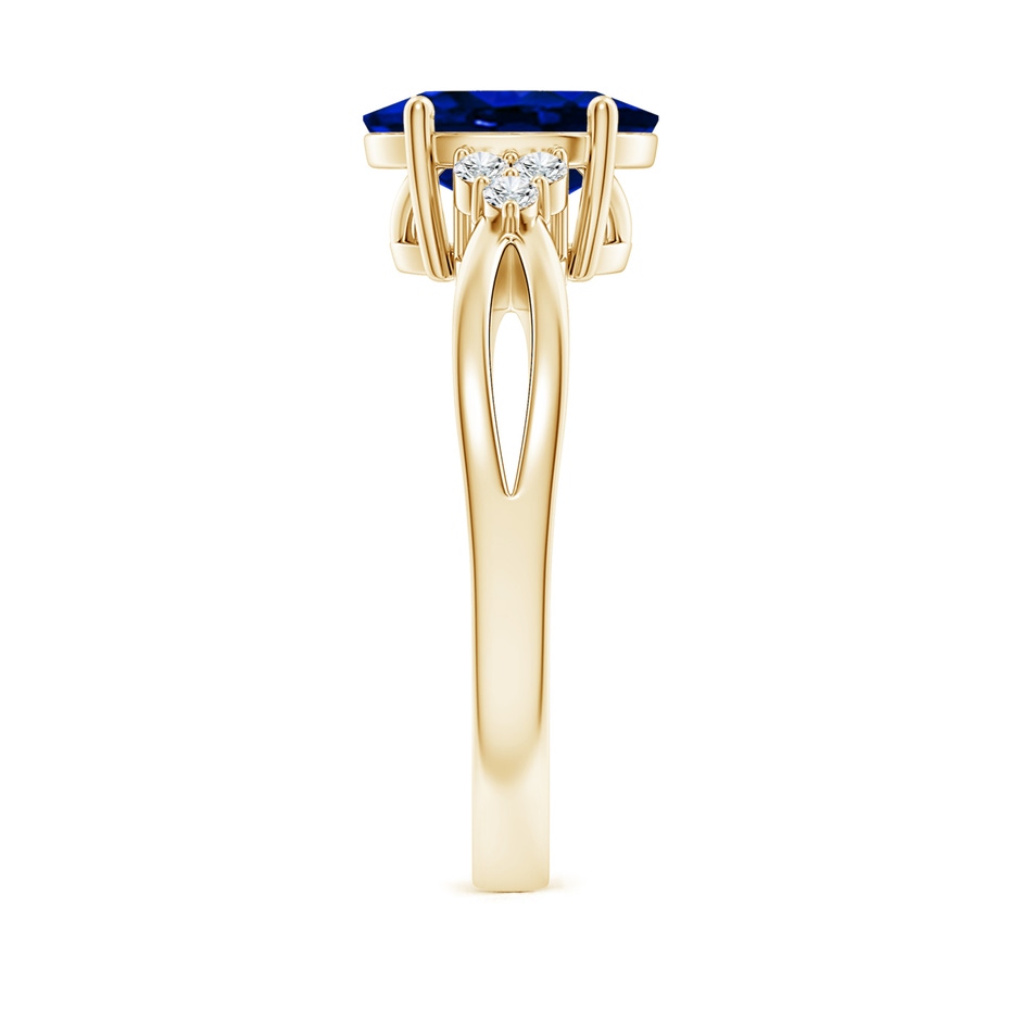 10x8mm AAAA Solitaire Oval Blue Sapphire Split Shank Ring with Trio Diamonds in 18K Yellow Gold side 299