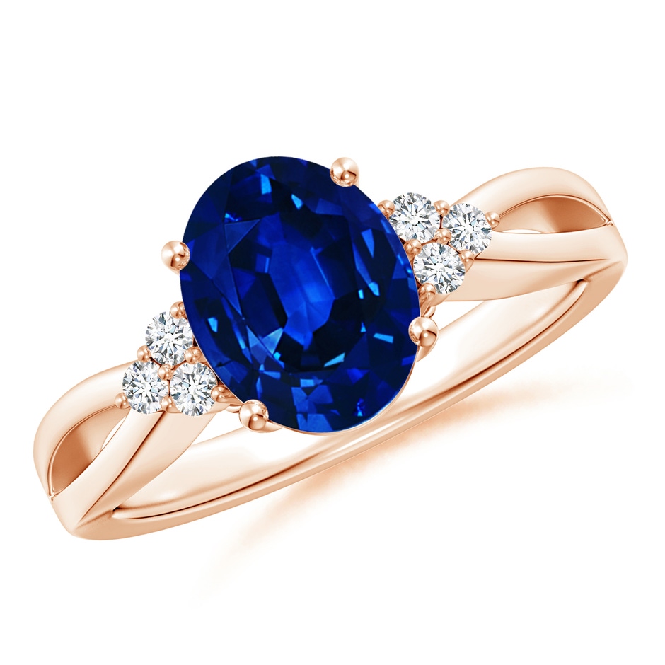 10x8mm Lab-Grown Solitaire Oval Blue Sapphire Split Shank Ring with Trio Diamonds in Rose Gold 