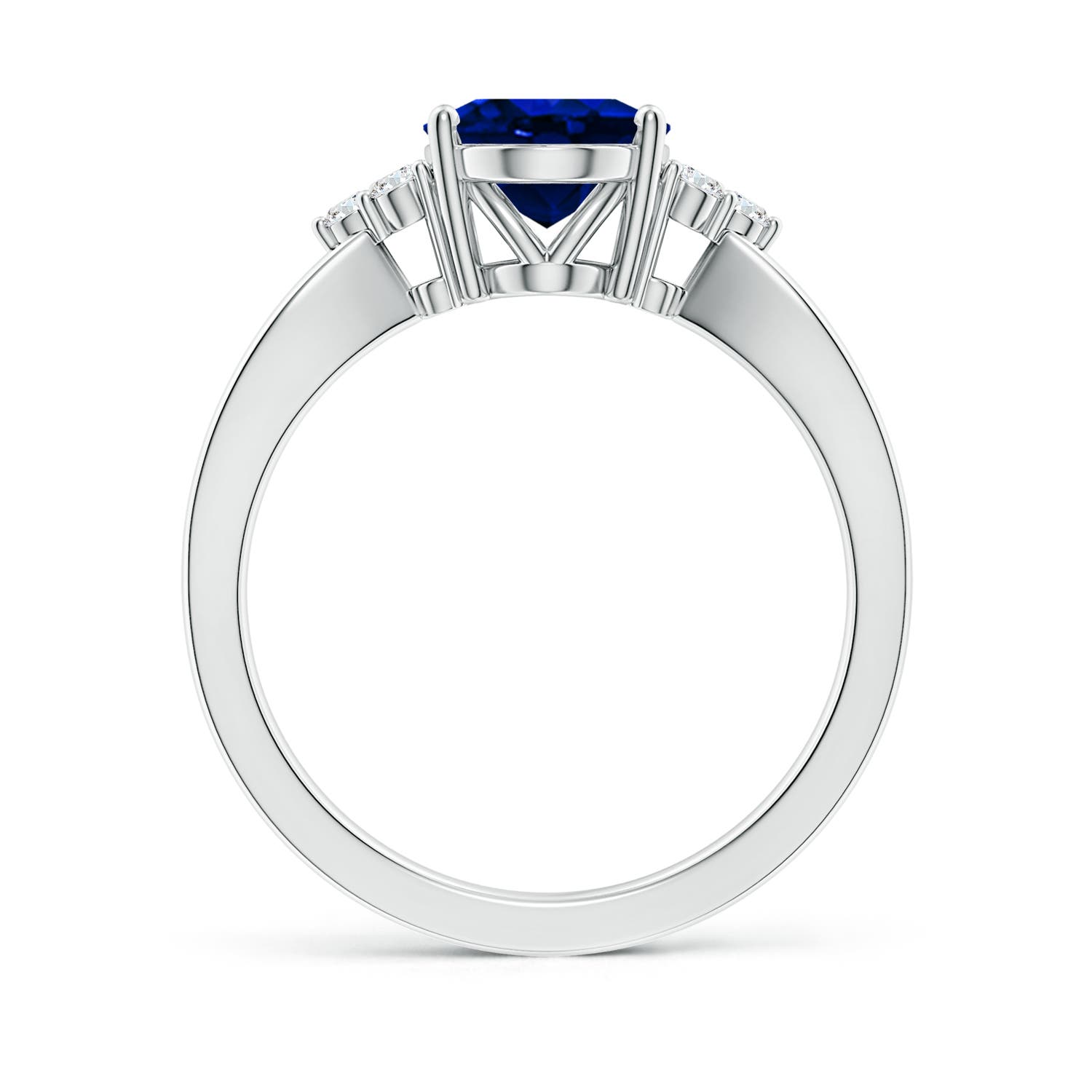 10x8mm AAAA Solitaire Oval Blue Sapphire Split Shank Ring with Trio Diamonds in White Gold - side 3