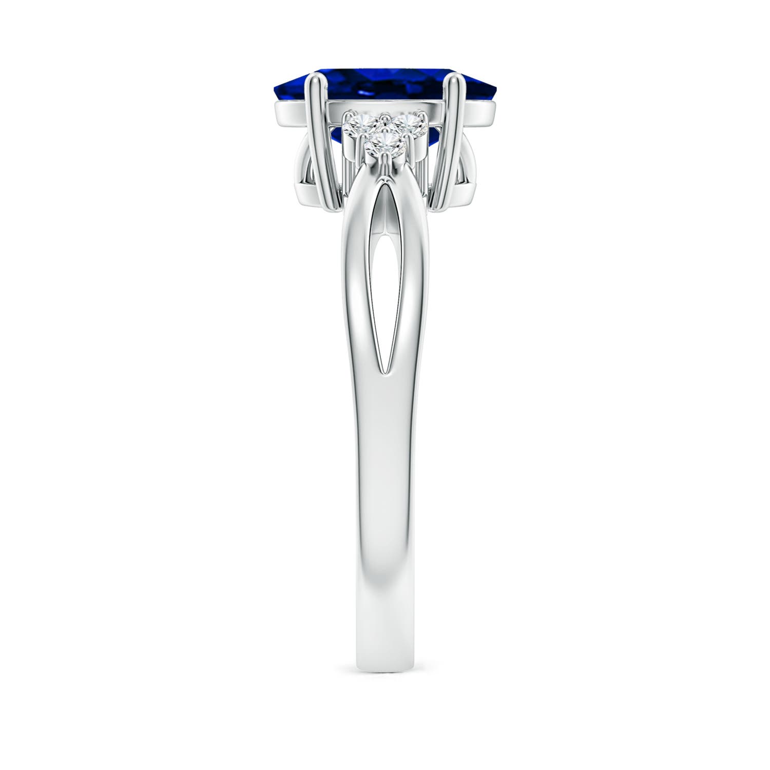 10x8mm AAAA Solitaire Oval Blue Sapphire Split Shank Ring with Trio Diamonds in White Gold - side 4