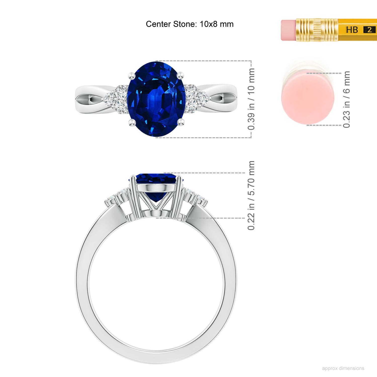 10x8mm AAAA Solitaire Oval Blue Sapphire Split Shank Ring with Trio Diamonds in White Gold - ruler