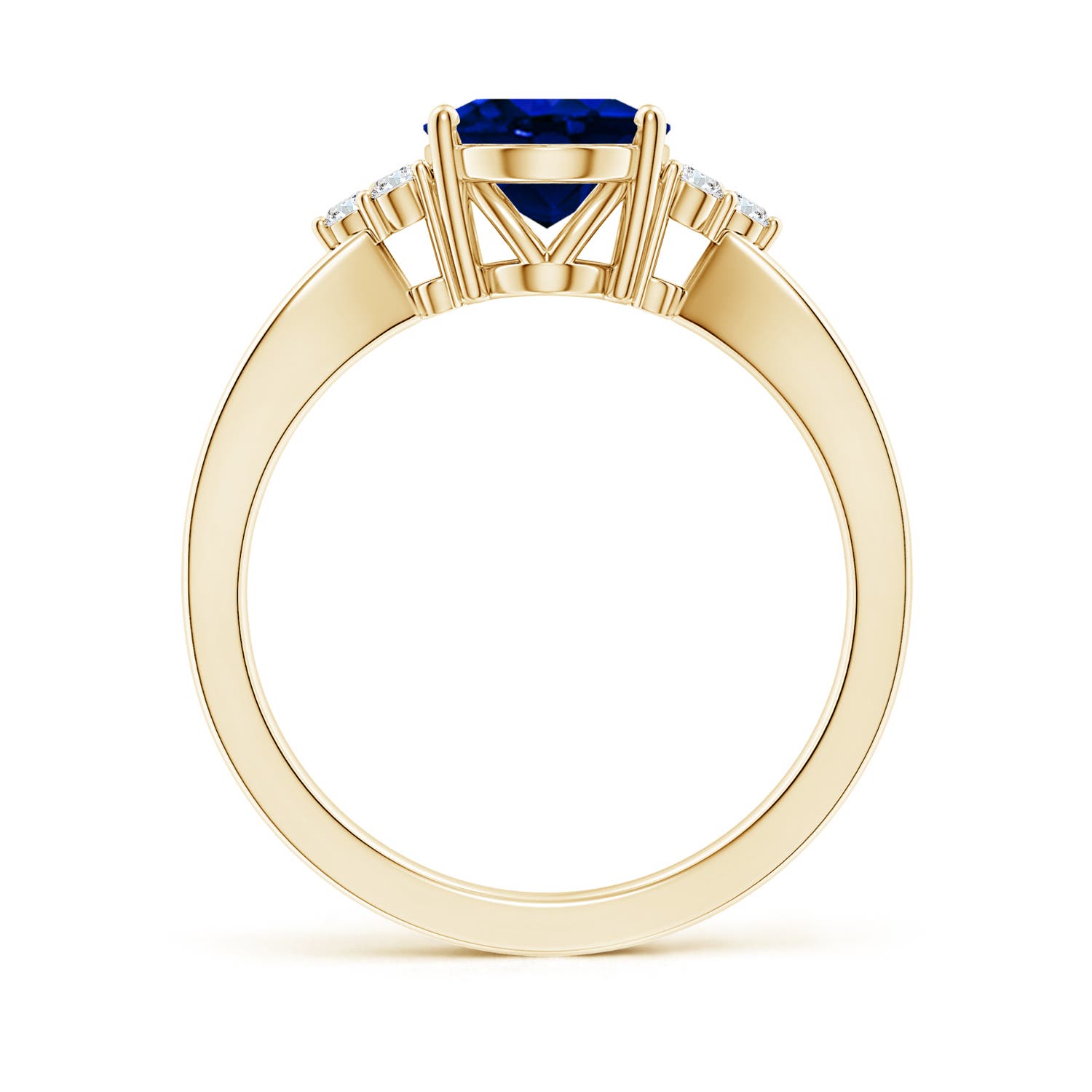 10x8mm AAAA Solitaire Oval Blue Sapphire Split Shank Ring with Trio Diamonds in Yellow Gold
