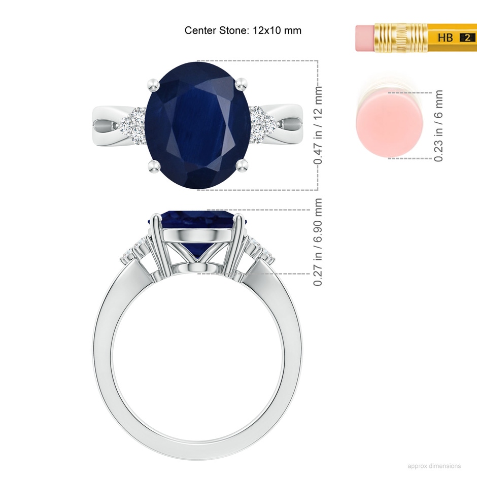 12x10mm A Solitaire Oval Blue Sapphire Split Shank Ring with Trio Diamonds in P950 Platinum ruler