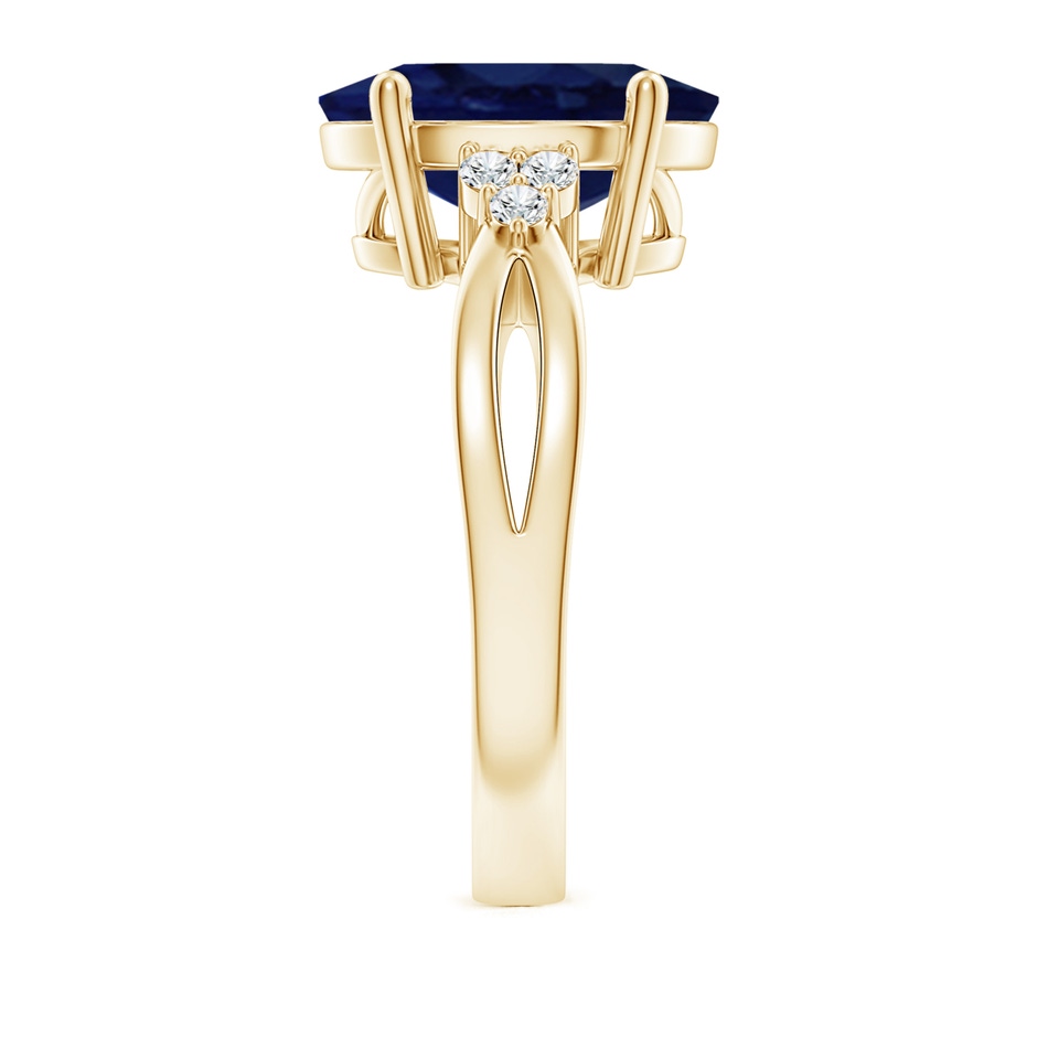 12x10mm A Solitaire Oval Blue Sapphire Split Shank Ring with Trio Diamonds in Yellow Gold side 299