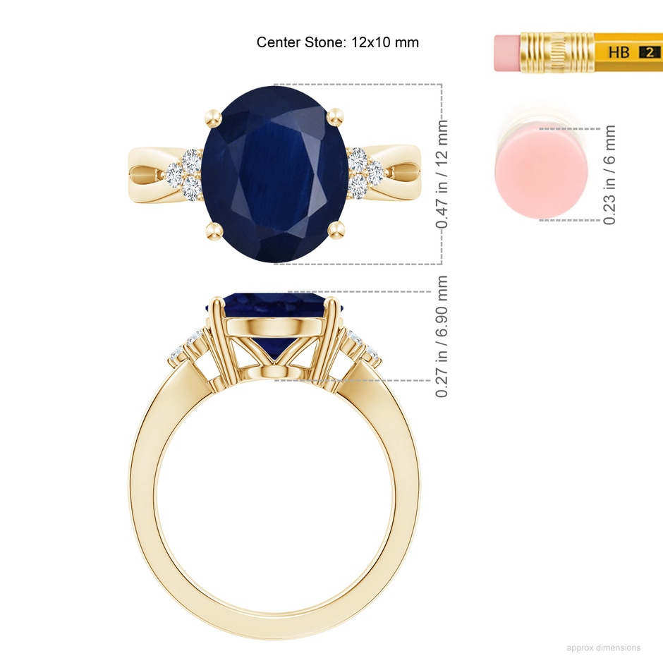 12x10mm A Solitaire Oval Blue Sapphire Split Shank Ring with Trio Diamonds in Yellow Gold ruler