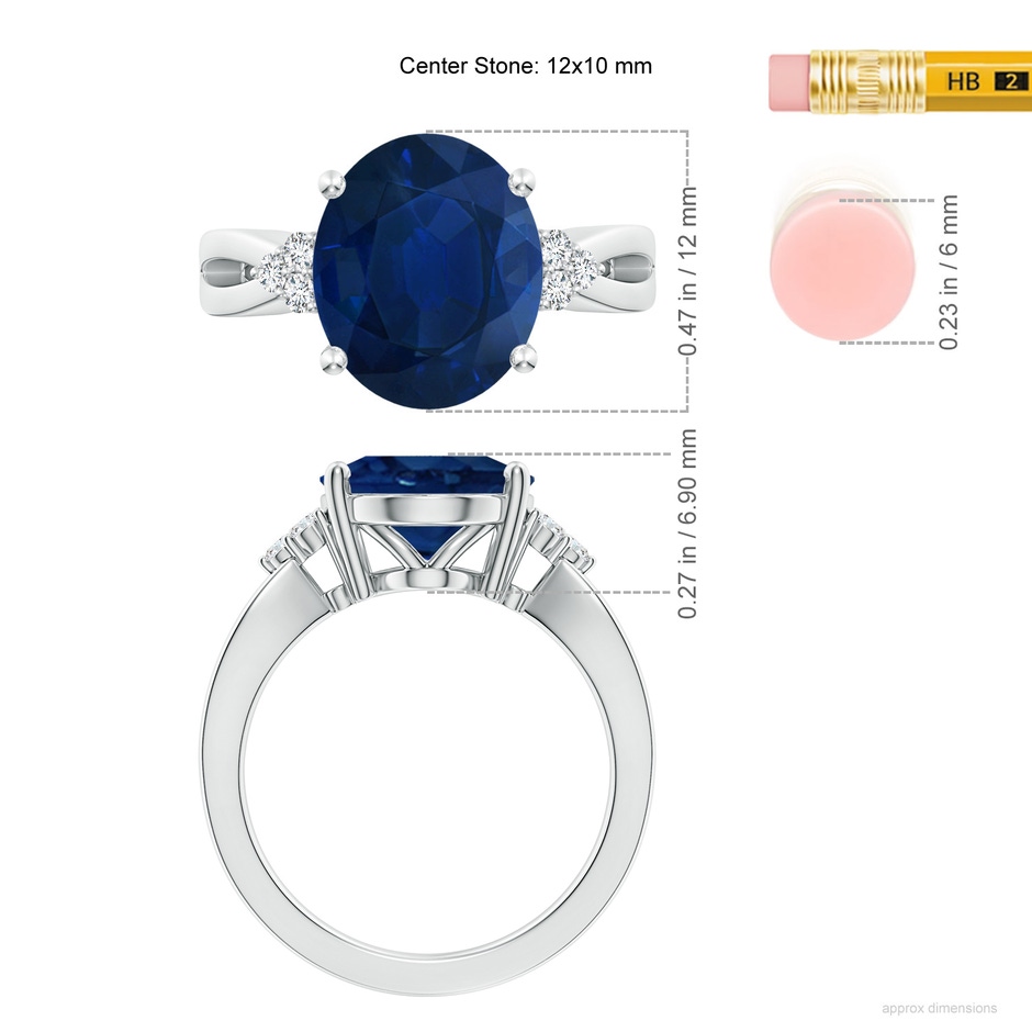 12x10mm AA Solitaire Oval Blue Sapphire Split Shank Ring with Trio Diamonds in P950 Platinum ruler
