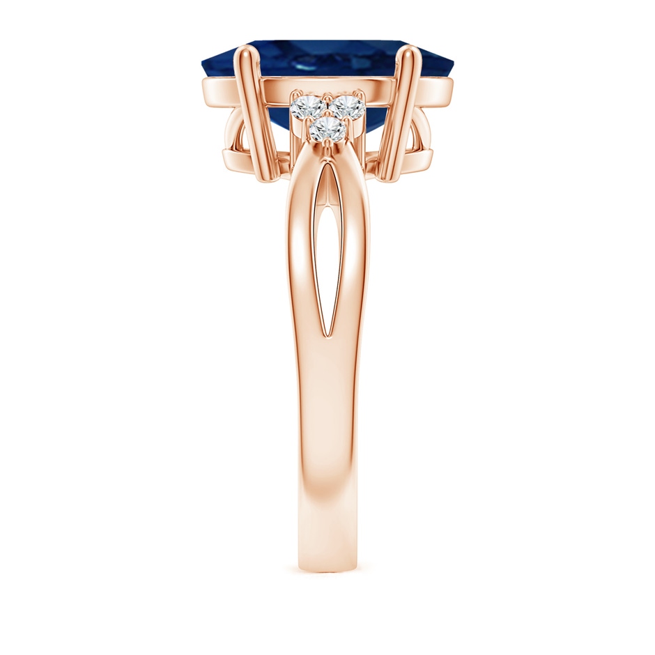 12x10mm AA Solitaire Oval Blue Sapphire Split Shank Ring with Trio Diamonds in Rose Gold side 299
