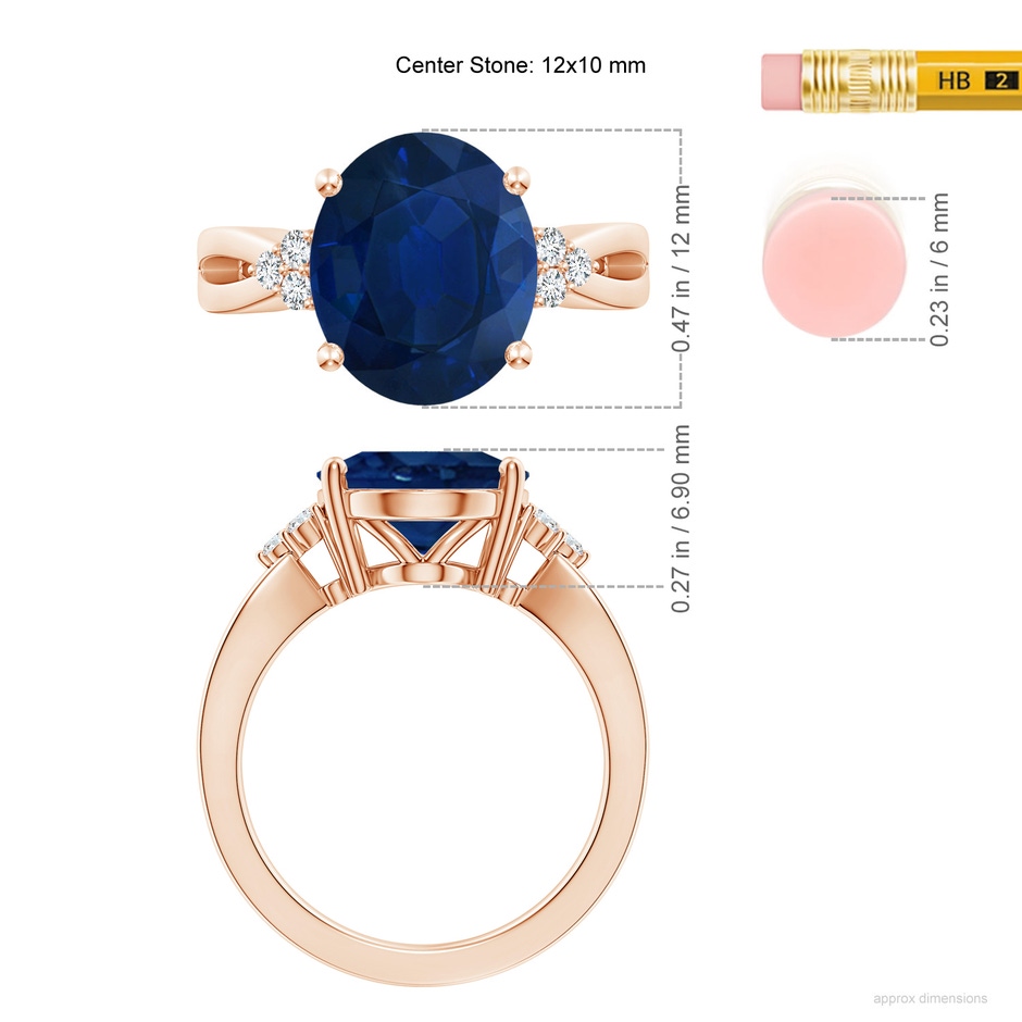 12x10mm AA Solitaire Oval Blue Sapphire Split Shank Ring with Trio Diamonds in Rose Gold ruler
