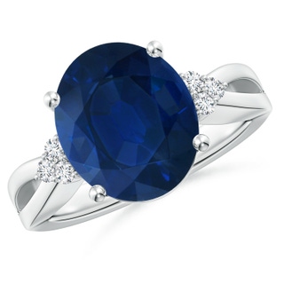 12x10mm AA Solitaire Oval Blue Sapphire Split Shank Ring with Trio Diamonds in S999 Silver