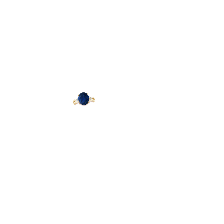 12x10mm AA Solitaire Oval Blue Sapphire Split Shank Ring with Trio Diamonds in Yellow Gold hand