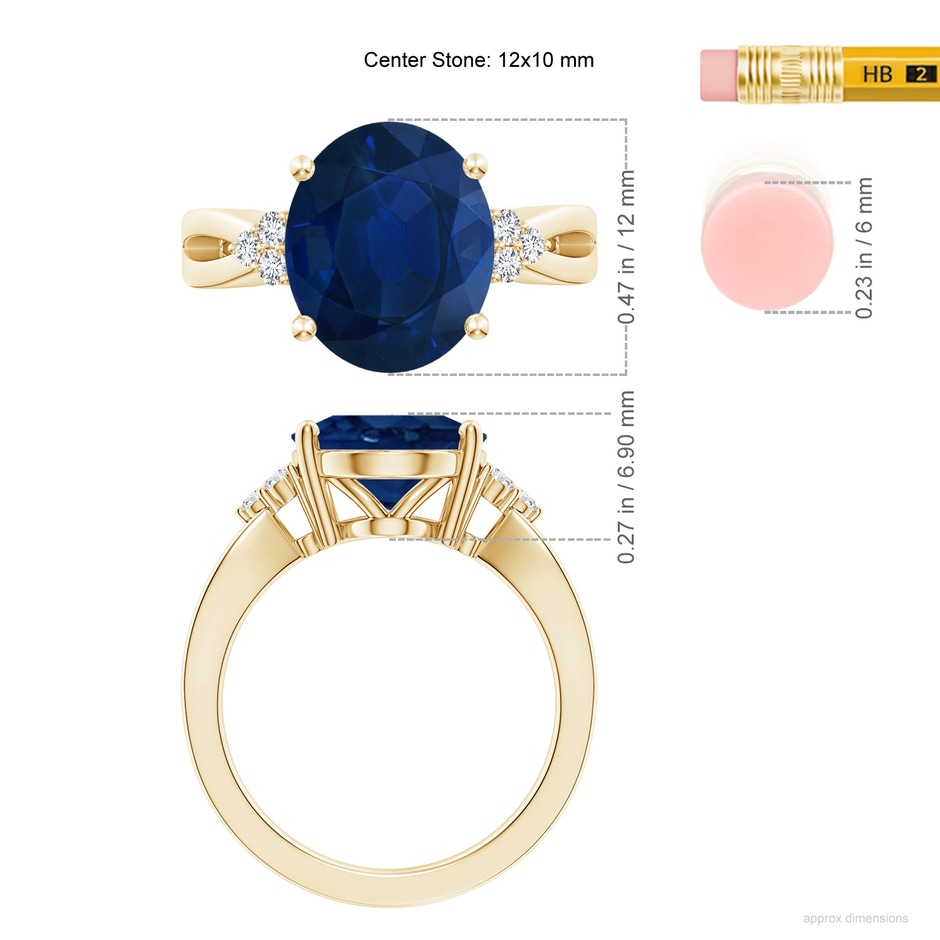 12x10mm AA Solitaire Oval Blue Sapphire Split Shank Ring with Trio Diamonds in Yellow Gold ruler